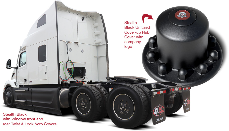 Stealth Black with Window front and rear Twist & Lock Aero Covers on a truck, plus a Stealth Black Unitized Cover-Up Hub Cover with company logo